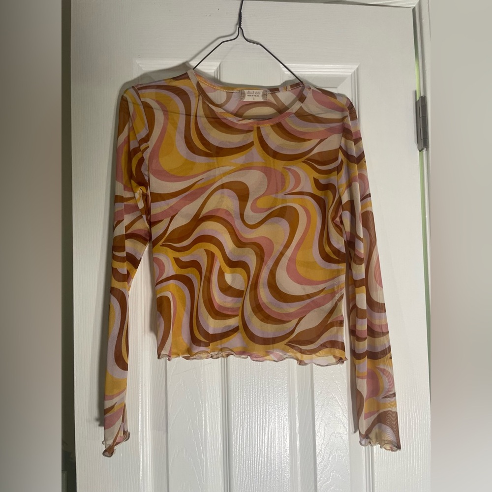 Orange multicolor pattern mesh long sleeve
